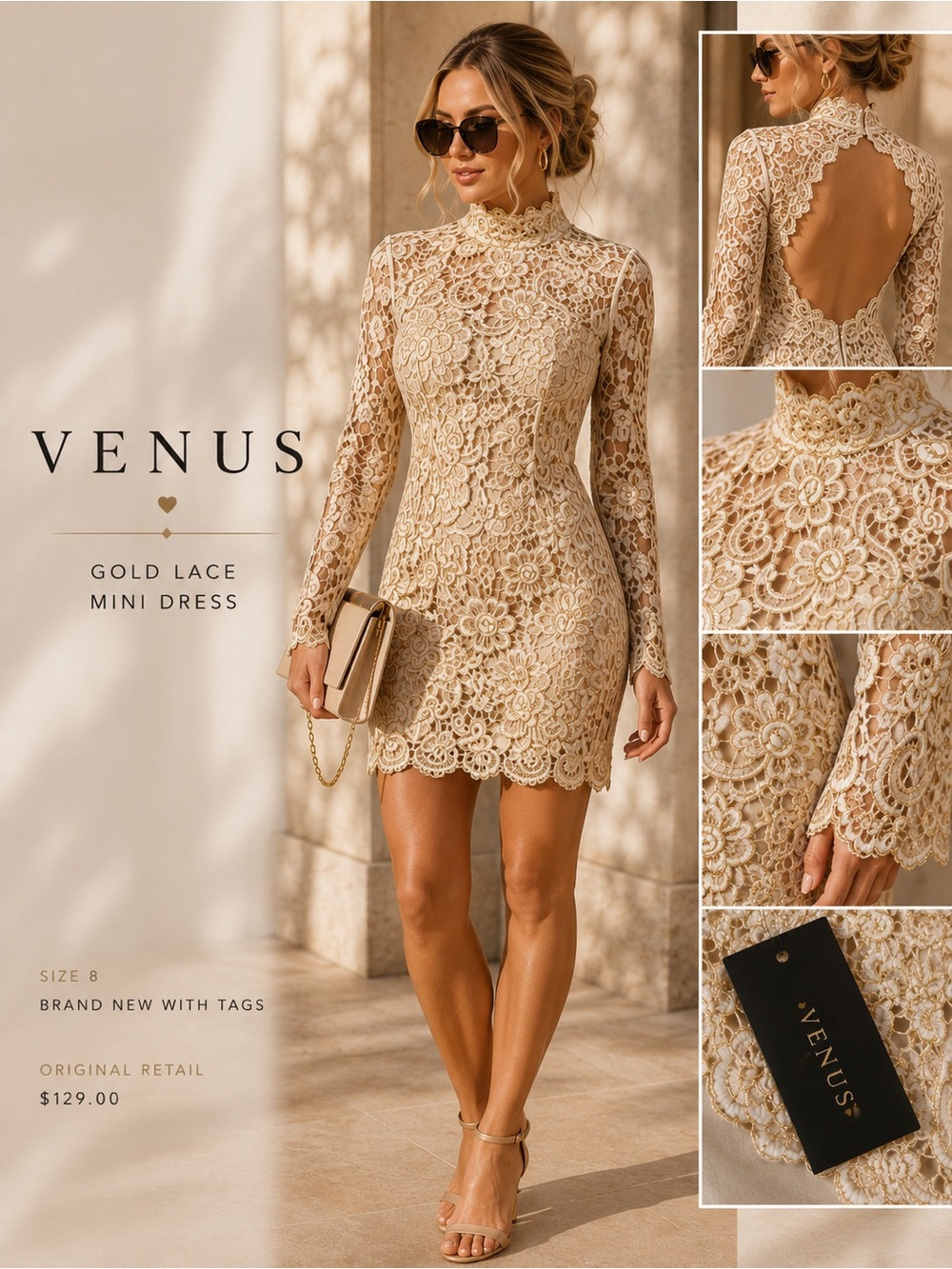 VENUS Gold Lace High-Neck Long-Sleeve Mini Dress
